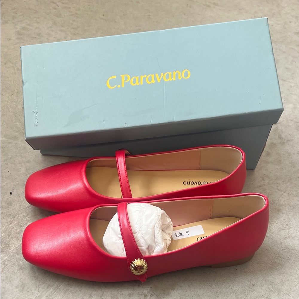 C. Paravano Red Leather Mary Jane Flats